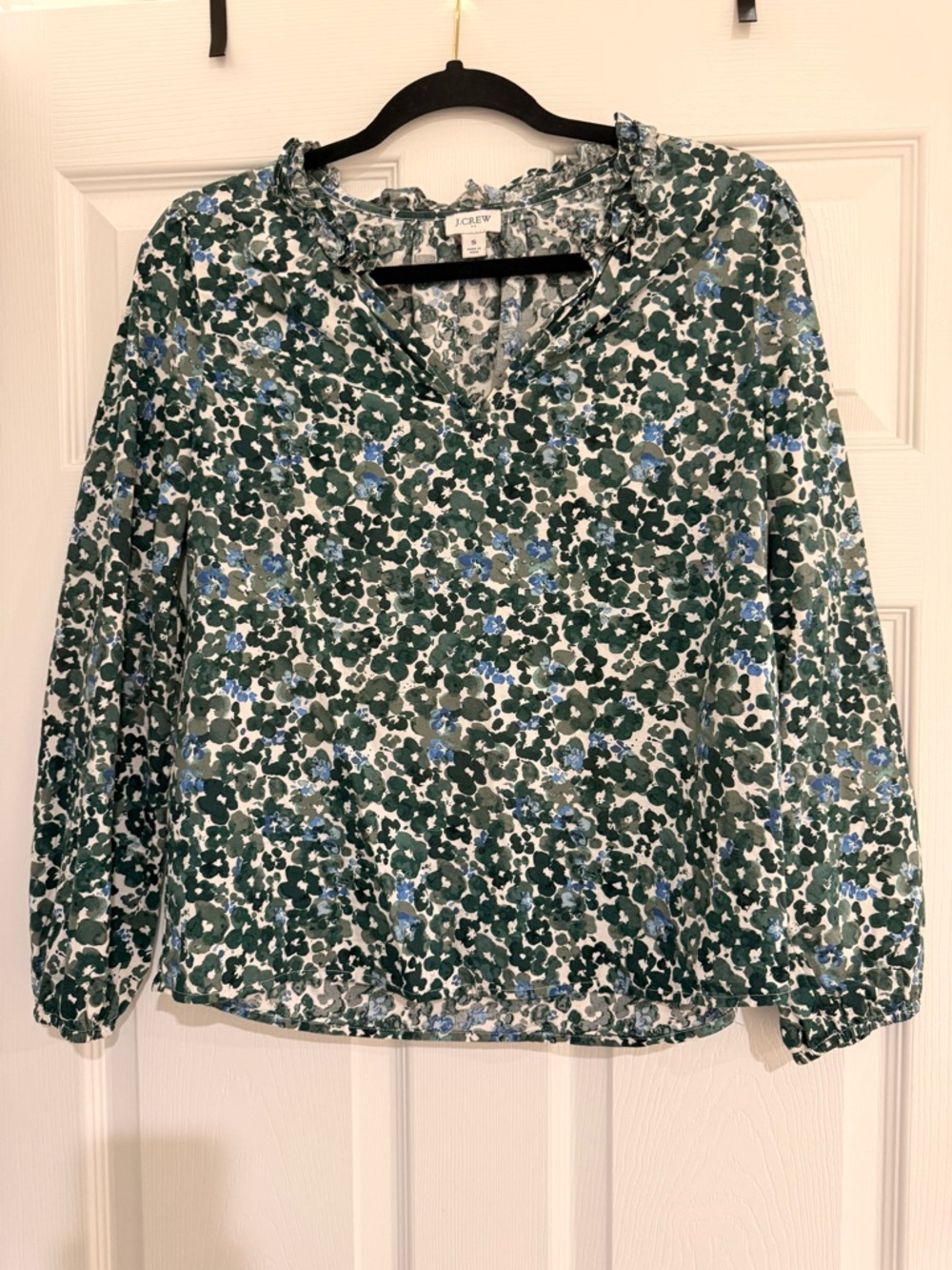 J. Crew Green and Blue Floral Ruffle V-Neck Blouse